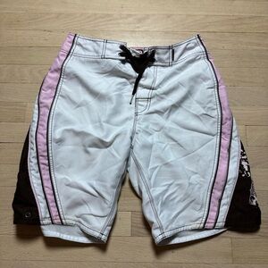 Vintage Ripzone Boardriding Pink Splatter Board Shorts White Brown Mens M